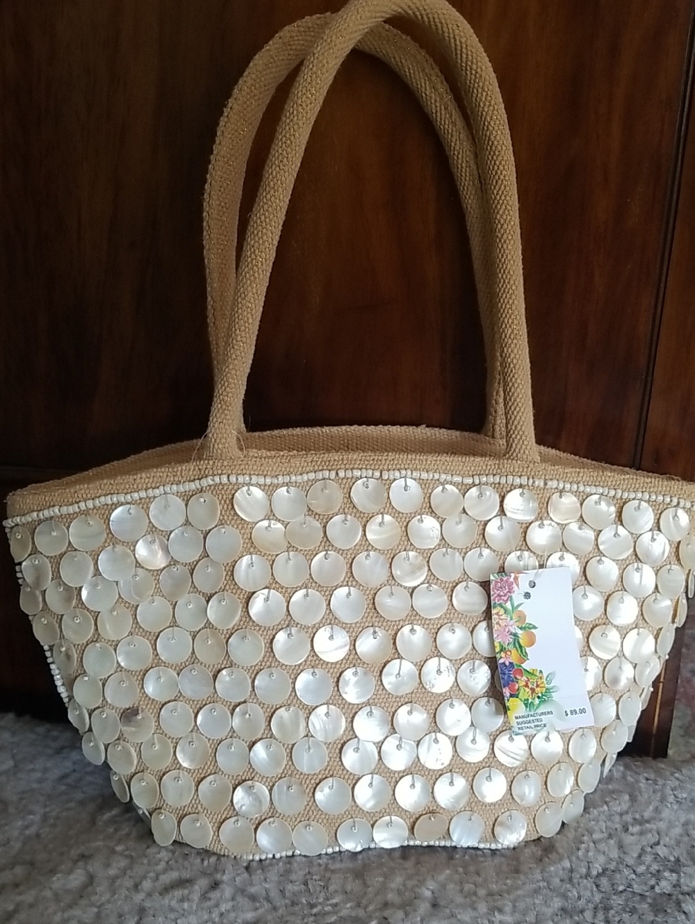 NEW! Shell-Embellished Beige Straw Tote Bag
